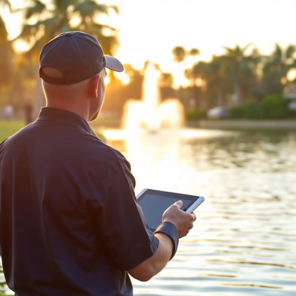 Aquatic technician inspecting a Florida lake with tablet